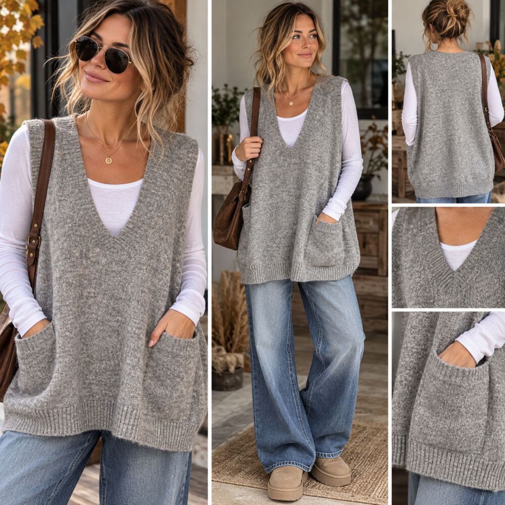 BeCool Gray Sweater Vest M/L Oversized V-Neck Pocketed Knit